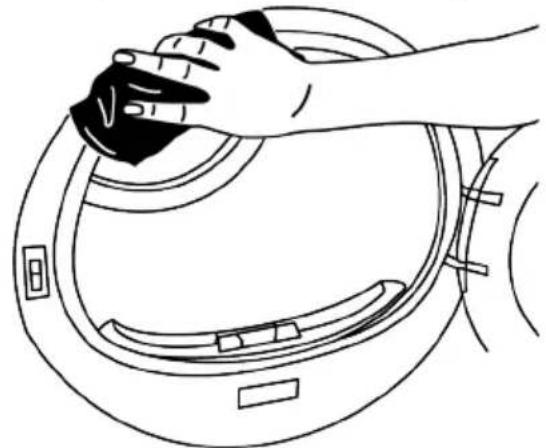 Line drawing of a hand using a tool to clean or wash the interior space of a circular device.