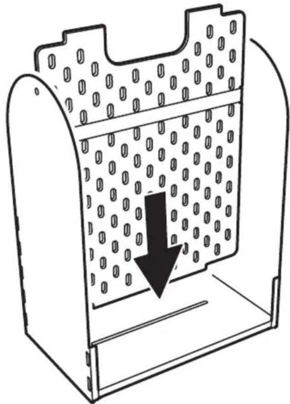 Diagram of a container with perforated material inside, showing internal structure and a downward arrow indicating flow or movement (no text or symbols)