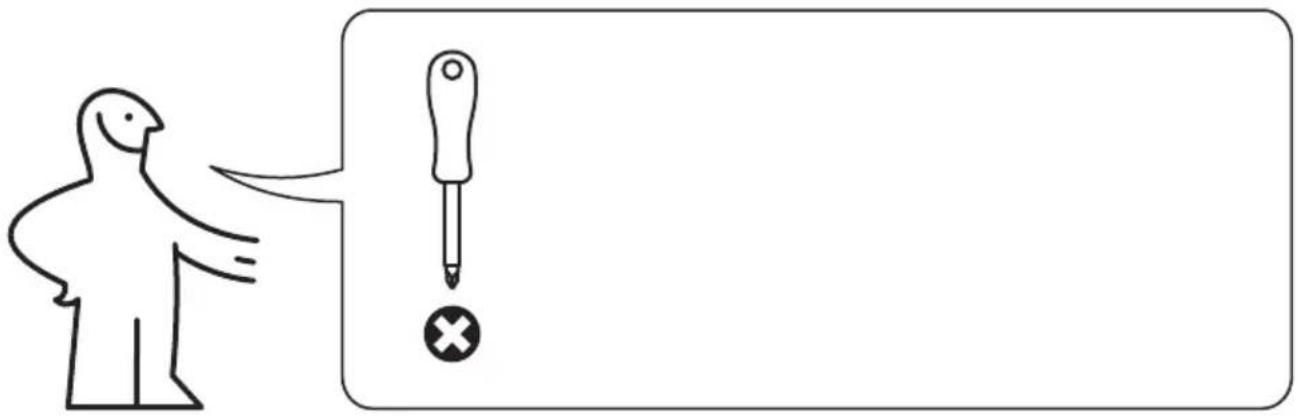 Diagram showing a person pointing at a screwdriver with an exclamation mark, likely illustrating a warning or error.