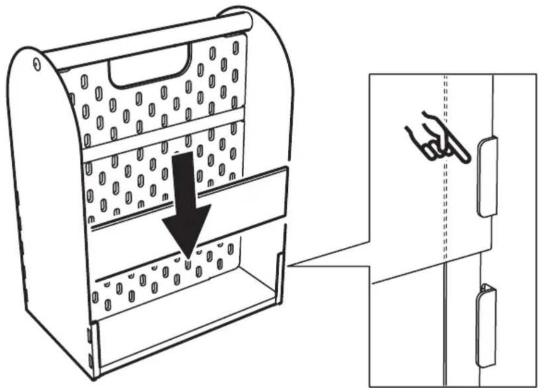 Diagram of a portable refrigerator with a hand inserting a cable into the door (no text or symbols)