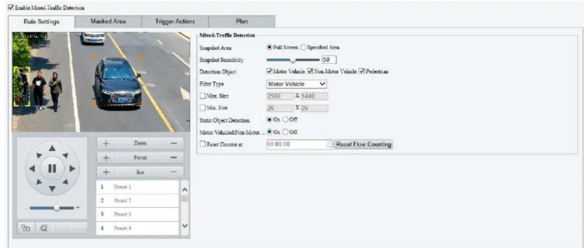 Enable Mixed Traffic Detection Rule Settings Masked Area Trigger Actions Plan Mixed-Traffic Detection Snapshot Area ● Full Screen ○ Specified Area Snapshot Sensitivity 50 Detection Object ✓ Motor Vehicle ✓ Non-Motor Vehicle ✓ Pedentrian Filter Type Motor Vehicle Max. Size 2560 X 1440 Min. Size 26 X…
