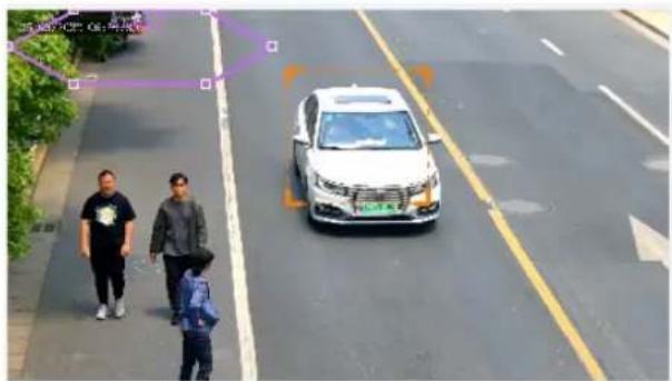 Street photo with visible traffic signboards and a white car on a road, showing pedestrians and a purple bounding box highlighting a specific area.