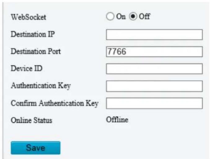 WebSocket Destination IP Destination Port 7766 Device ID Authentication Key Confirm Authentication Key Online Status Offline Save