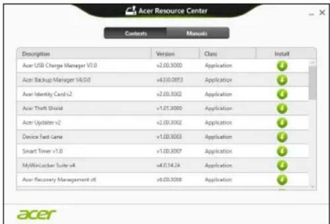Acer Resource Center Conteúdo Manuais Descrição Versão Classe Instalar Acer USB Charge Manager v1.0 v2.00.3000 Aplicativo # Acer Backup Manager v4.0.v4.0.0013 Aplicativo # Acer Identity Card v2.v2.0.3002 Aplicativo # Acer Tshft Shield v1.01.3000 Aplicativo # Acer Update v2.v2.0.3002 Aplicativo # Dev…