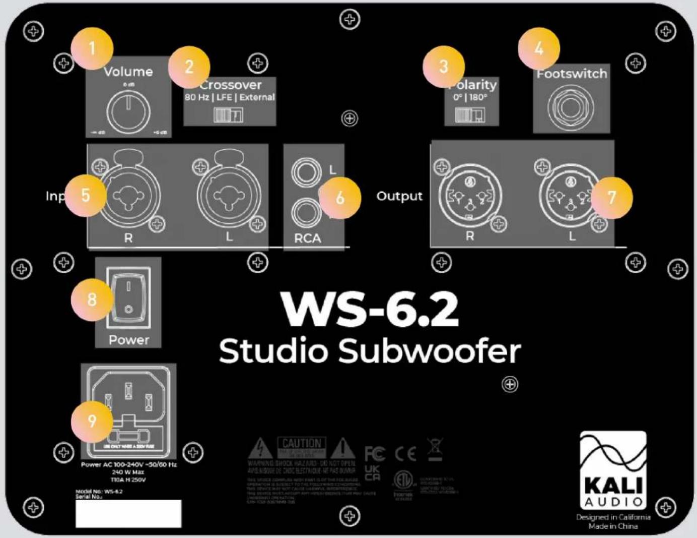 WS-6.2 Studio Subwoofer Volume 0 dB +5 dB Crossover 80 Hz | LFE | External Polarity 0° | 180° Footswitch Input 5 R L L Output R L 7 Power 8 9 Power AC 100-240V ~30/60 Hz 240 W Max TIDA H 250V Model No.: WS-6.2 Serial No. KALI AUDIO Designed in California Made in China
