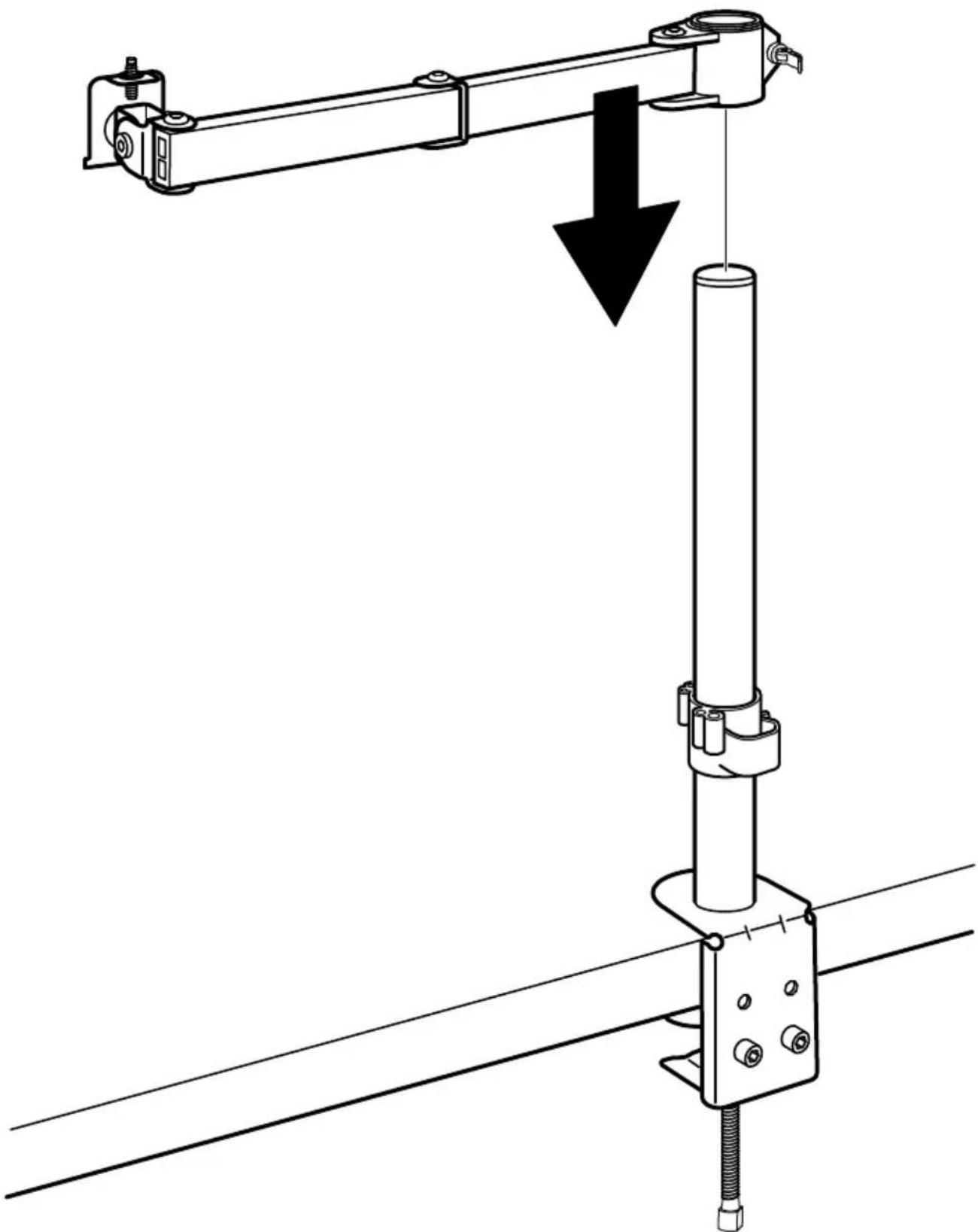 Mechanical assembly diagram showing a vertical rod mounted on a horizontal beam with a downward arrow indicating force or displacement (no text or symbols present)