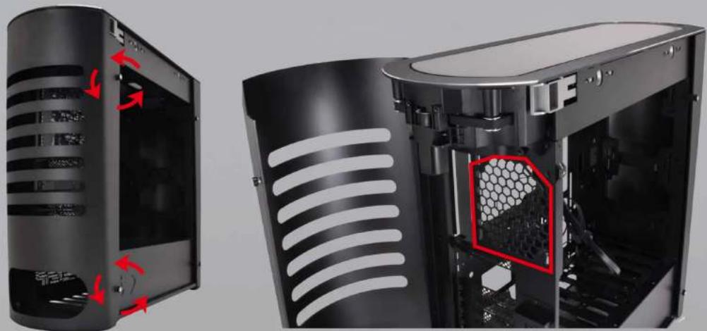 Two views of a black server tower showing internal structure and ventilation ducts, with red arrows indicating directional flow (no text or symbols)