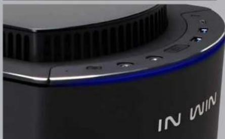 Close-up of a black and blue electronic device with 'IN WIN' branding (no additional text or symbols visible)