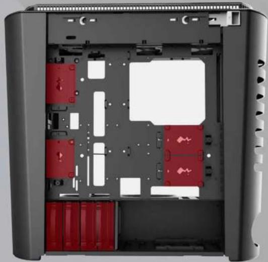 Interior view of a computer tower case showing red internal components and ventilation slots (no text or symbols visible)