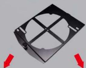 3D rendering of a black plastic fan or bracket with four cross-shaped cutouts and red arrows pointing to the side (no text or symbols)