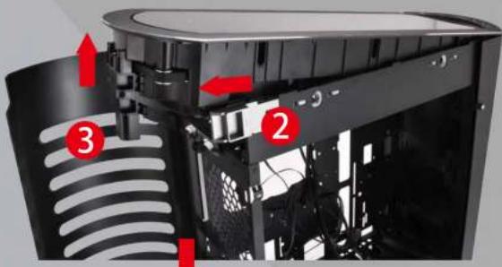 Technical diagram of a computer tower with numbered components and red arrows indicating directional flow or movement.
