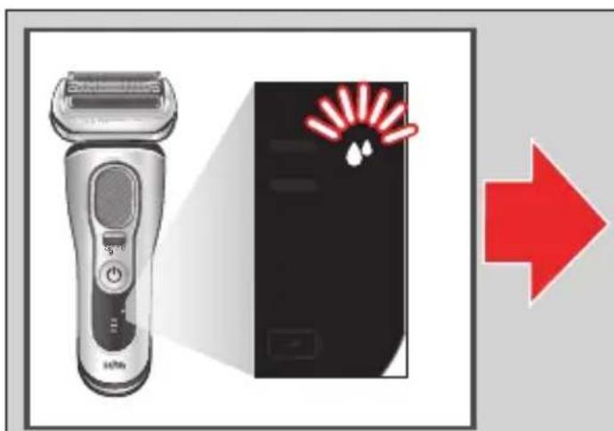 Diagram showing a power shaver and a black device with red LED indicators, alongside a red arrow pointing right.