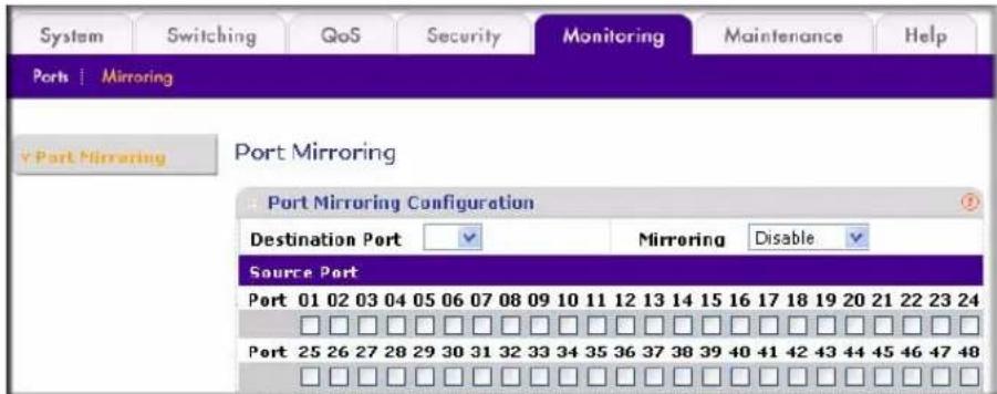 System Switching QoS Security Monitoring Maintenance Help Port Mirroring Port Mirroring Port Mirroring Configuration Destination Port Mirroring Disable Source Port Port 01 02 03 04 05 06 07 08 09 10 11 12 13 14 15 16 17 18 19 20 21 22 23 24 Port 25 26 27 28 29 30 31 32 33 34 35 36 37 38 39 40 41 42 43 44 45 46 47 48