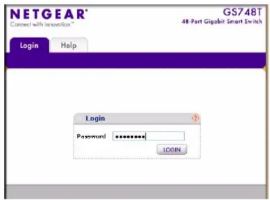 NETGEAR® GS748T Connected with Innovation™ 48-Port Gigabit Smart Switch Login Help Login Password ****** LOGIN