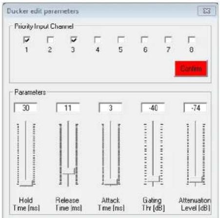Ducker edit parameters Priority Input Channel 1 2 3 4 5 6 7 8 Control Parameters 30 11 3 -40 -74 Hold Time [ms] Release Time [ms] Attack Time [ms] Gating Thr [dB] Attenuation Level [dB]