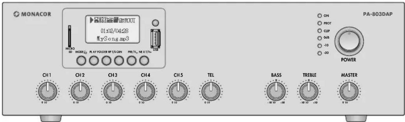 MONACOR 01/02/04:28 MySong.mp3 MICRO SD MODE PLAY FOLDER RP T/S CAN PRE/V∞ NE X T/V+ USB CH1 CH2 CH3 CH4 CH5 TEL 0 10 0 10 0 10 0 10 0 10 BASS TREBLE MASTER -10 10 -10 -10 10 -10 ON PROT CUP 0dB -10 -30 POWER PA-803DAP