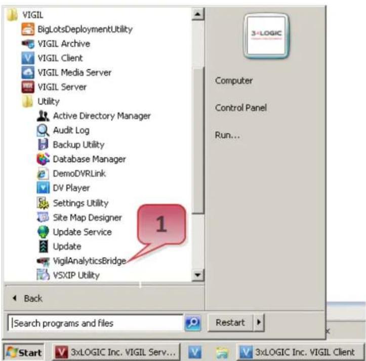 VIGIL BigLotsDeploymentUtility VIGIL Archive VIGIL Client VIGIL Media Server VIGIL Server Utility Active Directory Manager Audit Log Backup Utility Database Manager DemoDVRLink DV Player Settings Utility Site Map Designer Update Service Update VigilAnalyticsBridge VSXIP Utility Back Search programs and files 3xLOGIC Inc. VIGIL Serv... Computer Control Panel Run... Restart