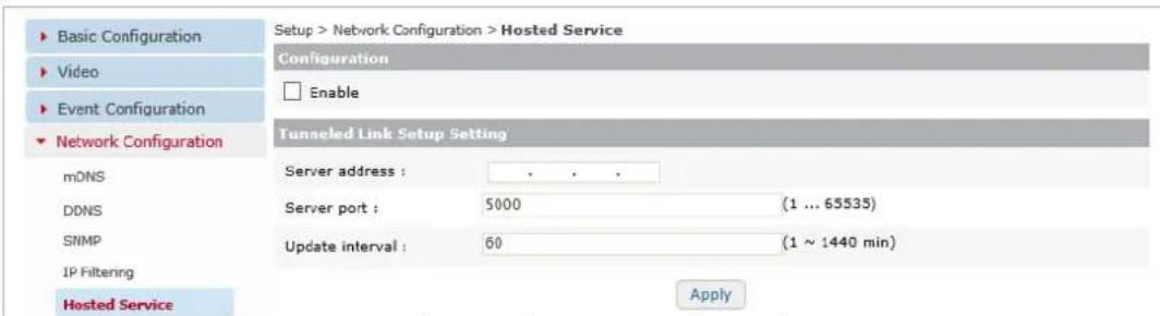 Setup > Network Configuration > Hosted Service Configuration Enable Tunneled Link Setup Setting Server address : . . . Server port : 5000 (1 ... 65535) Update interval : 60 (1 ~ 1440 min) Hosted Service Apply