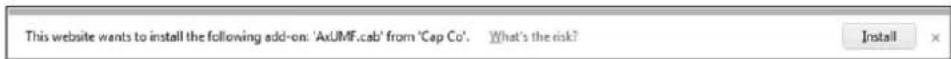 This website wants to install the following add-on: 'AxUMF.cab' from 'Cap Co'. What's the risk? Install