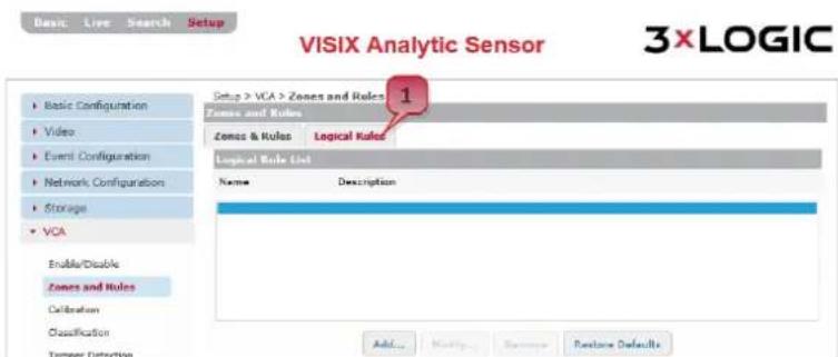 VISIX Analytic Sensor 3xLOGIC Setup > VCA > Zones and Rules 1 Zones and Rules Zones & Rules Logical Rules Logical Rule List Name Description Enable/Disable Zones and Rules Celeration Classification Targeter Detection Add... Modify... Save... Restore Defaults
