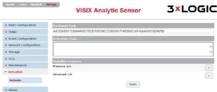 VISIX Analytic Sensor 3xLOGIC Hardware Code A03EAD857530A445C37ECB7FD5BC25E9D3B171AEJ80C2AT4EAA090C02A6F00 Activation Code Installed Licenses Presence 1ch Advanced 1ch Apply