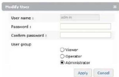 Modify User User name : admin Password : Confirm password : User group Viewer Operator Administrator Apply Cancel