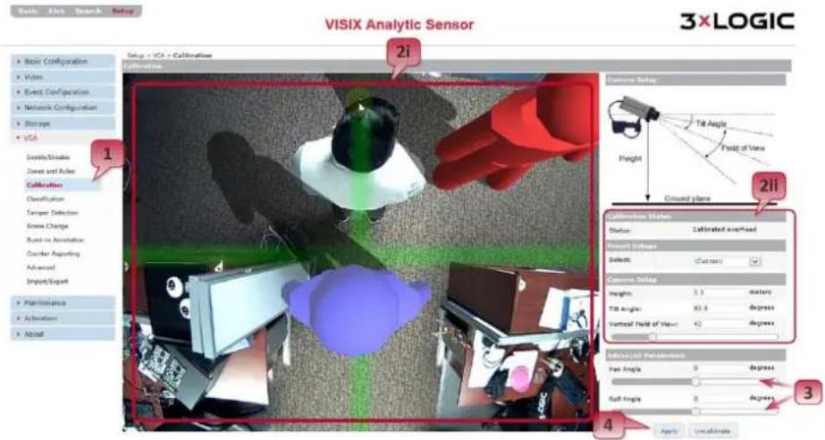 VISIX Analytic Sensor 3x LOGIC Setup - ICA = Calibration Configuration Basic Configuration Video Event Configuration Network Configurist Storage VCA Enable/Disable Grid and Rule Calibration Classification Targeter Detection Source Change Rust-to-Annotation Counter Reporting Advanced Import/Export Maintenance Actionset About 1 2i 2ii Calibration Method Status: Calibrated overhead Habitat Settings Selects: (Current) Common Setup Height: 3.5 meters Tilt Angle: 80.6 degrees Vertical Field of Value: 40 degrees Method Parameters Fair Angle: 0 degrees Ralt Angle: 0 degrees Apply: Unactivate