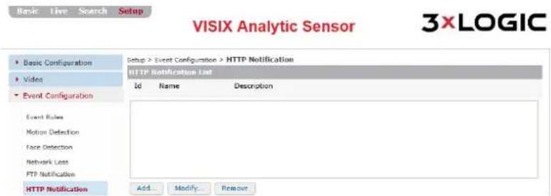 VISIX Analytic Sensor 3xLOGIC Basic Live Search Setup Setup > Event Configuration > HTTP Notification HTTP Notification List Id Name Description Event Configurations Event Rules Notion Detection Face Detection Network Loss FTP Notification HTTP Notification Add... Modify... Remove