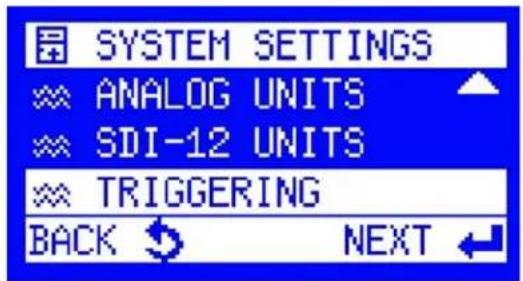 SYSTEM SETTINGS ANALOG UNITS SDI-12 UNITS TRIGGERING BACK NEXT