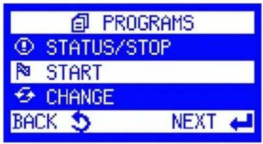 PROGRAMS STATUS/STOP START CHANGE BACK NEXT