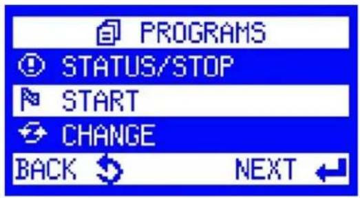 PROGRAMS STATUS/STOP START CHANGE BACK NEXT