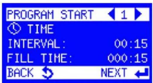 PROGRAM START 1 TIME INTERVAL: 00:15 FILL TIME: 000:15 BACK NEXT