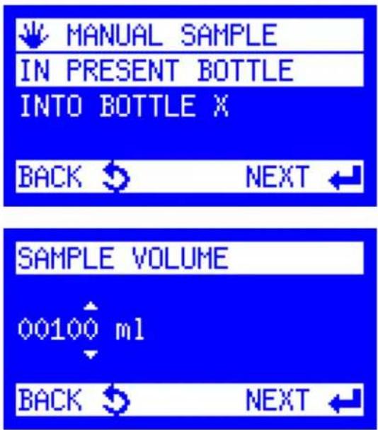 MANUAL SAMPLE IN PRESENT BOTTLE INTO BOTTLE X BACK ↩ NEXT ← SAMPLE VOLUME 00100 m1 BACK ↩ NEXT ←