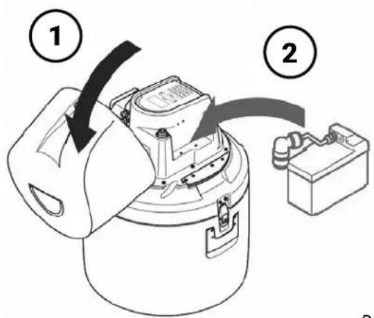 Diagram showing a device with labeled parts and directional arrows, including numbered annotations ① and ②.