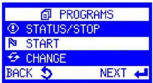 PROGRAMS STATUS/STOP START CHANGE BACK NEXT