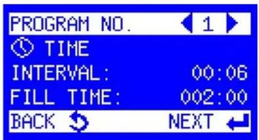 PROGRAM NO. 1 TIME INTERVAL: 00:06 FILL TIME: 002:00 BACK NEXT