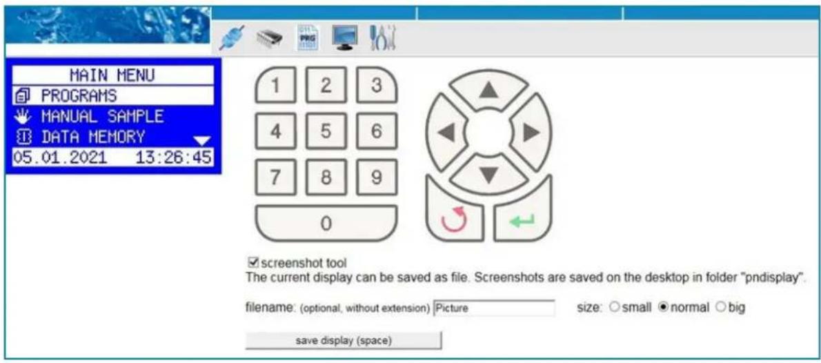 MAIN MENU PROGRAMS MANUAL SAMPLE DATA MEMORY 05.01.2021 13:26:45 1 2 3 4 5 6 7 8 9 0 ☑ screenshot tool The current display can be saved as file. Screenshots are saved on the desktop in folder "pndisplay". filename: (optional, without extension) Picture size: ○ small ● normal ○ big save display (space)