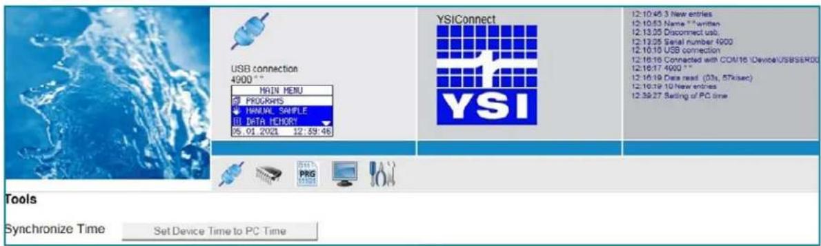 USB connection 4900** MAIN MENU PROGRAMS MANUAL SAMPLE DATA HISTORY 05.01.2021 12:39:46 YSIConnect YSI 12:10:45 3 New entries 12:10:53 Name ""written 12:13:25 Disconnect usb. 12:13:25 Serial number 4000 12:10:10 USB connection 12:10:16 Connected with COM/16 Device/USB/SEREO 12:18:17 4000 "" 12:16:19 Data read (03s, 5TK/sec) 12:16:20 New entries 12:39:27 Setting of PC time Tools Synchronize Time Set Device Time to PC Time