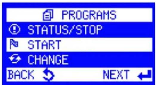 PROGRAMS STATUS/STOP START CHANGE BACK NEXT ←