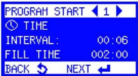 PROGRAM START 1 TIME INTERVAL: 00:06 FILL TIME 002:00 BACK NEXT