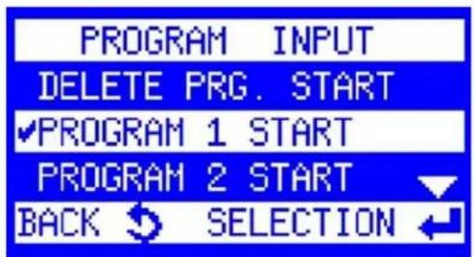 PROGRAM INPUT DELETE PRG. START ✓PROGRAM 1 START PROGRAM 2 START BACK SELECTION