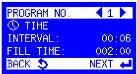 PROGRAM NO. 1 TIME INTERVAL: 00:06 FILL TIME: 002:00 BACK NEXT