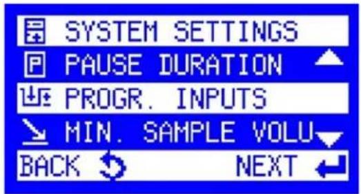 SYSTEM SETTINGS PAUSE DURATION PROGR. INPUTS MIN. SAMPLE VOLU BACK NEXT