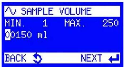 SAMPLE VOLUME MIN. 1 MAX. 250 00150 ml BACK NEXT