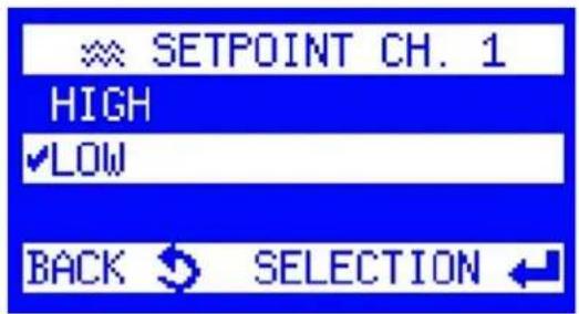 SETPOINT CH. 1 HIGH ✓LOW BACK SELECTION