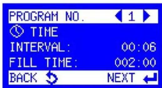 PROGRAM NO. 1 TIME INTERVAL: 00:06 FILL TIME: 002:00 BACK NEXT