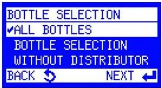 BOTTLE SELECTION ✓ALL BOTTLES BOTTLE SELECTION WITHOUT DISTRIBUTOR BACK ↕ NEXT ←