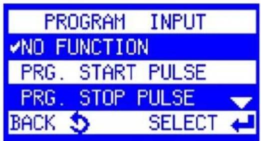 PROGRAM INPUT ✓NO FUNCTION PRG. START PULSE PRG. STOP PULSE BACK SELECT