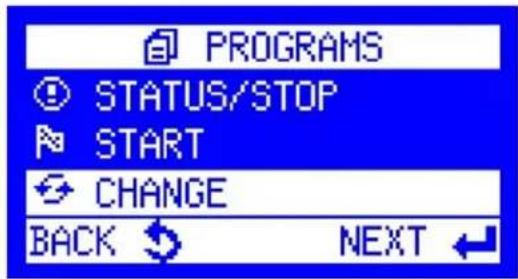 PROGRAMS STATUS/STOP START CHANGE BACK NEXT