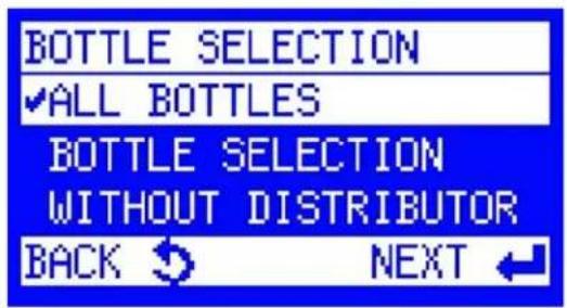 BOTTLE SELECTION ✓ALL BOTTLES BOTTLE SELECTION WITHOUT DISTRIBUTOR BACK ↕ NEXT ←